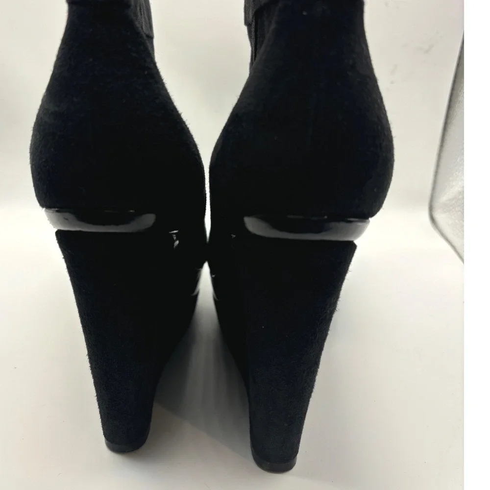 Via Spiga Black Suede Wedge Ankle Boots Patent‎ Trim Platform  7.5 M